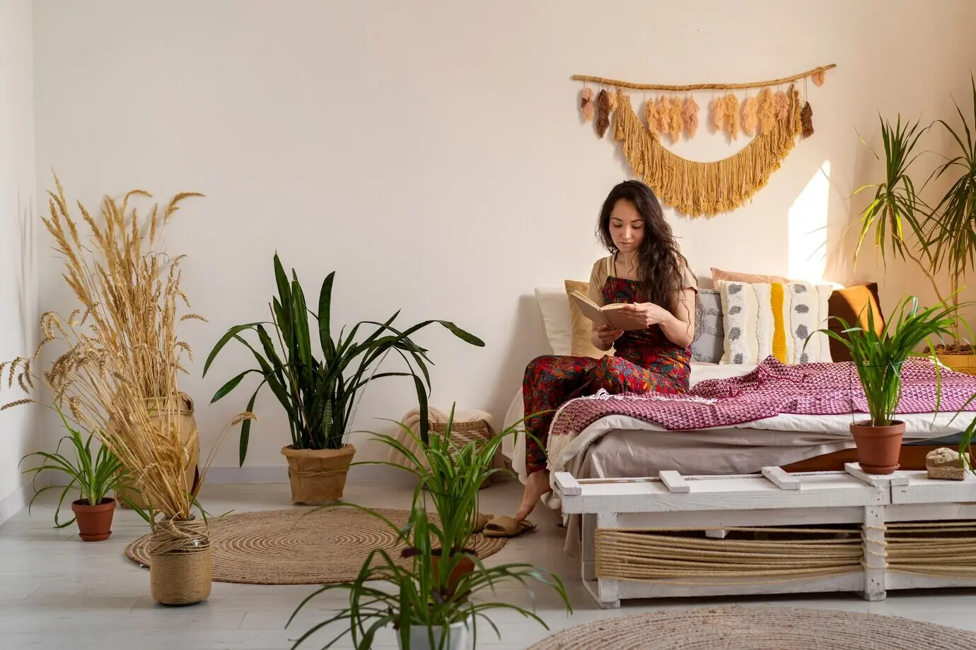 Lebensstil von Menschen, die in boho eingerichteten Innenräumen wohnen.