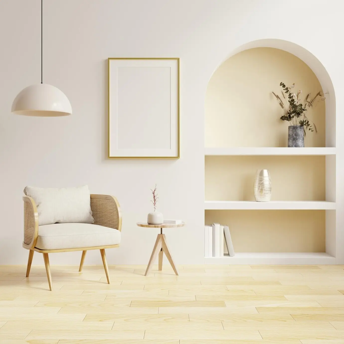 Mockup-Rahmen im Wohnzimmerinterieur mit Stuhl und Dekoration im skandinavischen Stil.